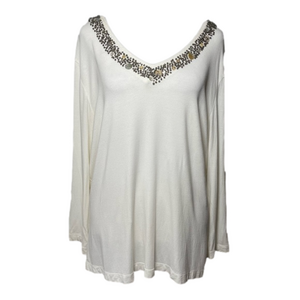Chico’s V-Neck Bead Embellished Long Sleeve Tunic Top Pullover Cream Off-White